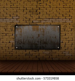 Architectural design background with old brick wall and wooden floor with dimming, empty rusty iron frame.