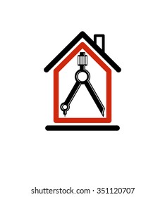 Architectural design conceptual symbol, simple house vector icon with compass. Design construction graphic element, building project or draft, engineer equipment.