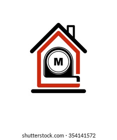 Architectural design conceptual vector symbol, simple house icon with tape measure. Design construction graphic element, building project or draft, engineer equipment.