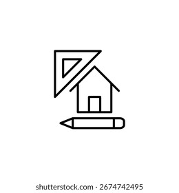 Icono de diseño arquitectónico con Regla de la casa y lápiz que simbolizan la planificación y la precisión