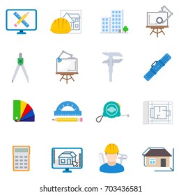 Architectural design, icon set. Attributes of the architect. Plans, designs and reviews the construction of buildings