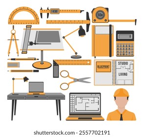 Architectural design icons featuring tools like blueprints, drafting table, ruler, compass, calculator, laptop, and a hard hat. Perfect for architecture, engineering, and construction themes.