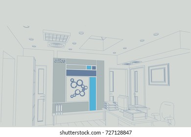 The architectural design of the office, interior, tables,computers, jobs, reception. Vector