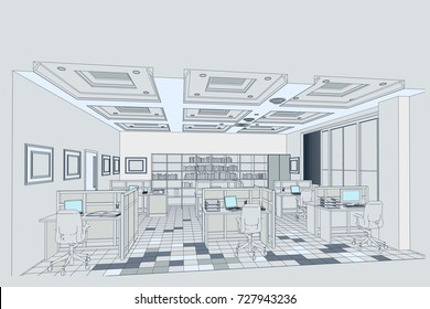 The architectural design of the office, interior, tables,computers, jobs. Vector