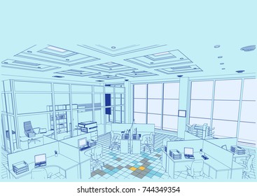 The architectural design of the office, interior, tables,computers, jobs. Vector