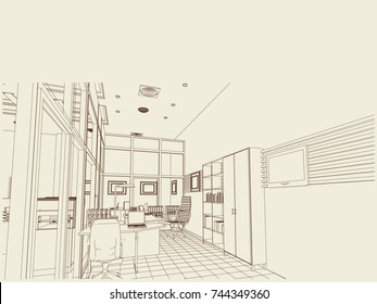 The architectural design of the office, interior, tables,computers, jobs. Vector