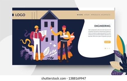 Architectural design or project engineering web page template engineers vector builders in hardhat and overalls building and construction work contractors team multi-storey house real estate