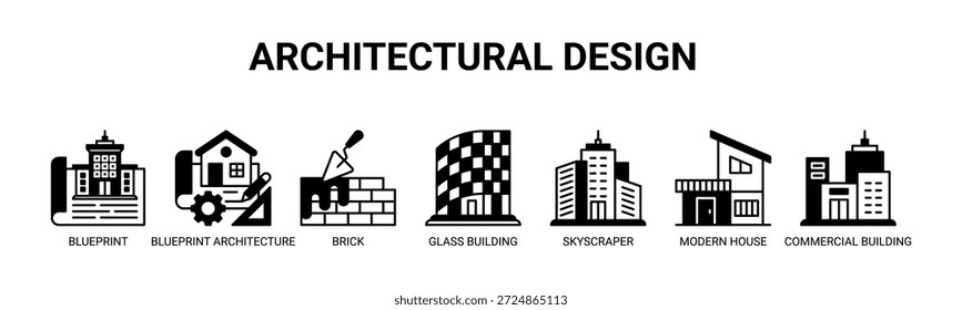 Concepto de Ilustración vectorial de iconos de Anuncio de Web de diseño arquitectónico para la planificación de edificios con iconos de planos, ladrillos, edificios de vidrio, rascacielos, casas modernas, edificios comerciales.