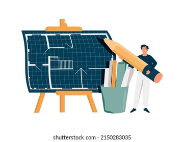 Architectural designer design house or flat plan on computer. Architect workplace or studio banner. Man create digital plans based on architectural sketches of private house or residential building.