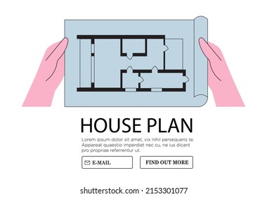 Architectural designer hold in hands house or flat plan design. Architect workplace or studio banner. Man create paper plans based on architectural sketches of private house or residential building.