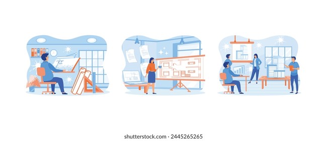 Architectural Desk for Sketching. Professional construction plan development job as technical occupation. Team Planning Project and Doing Presentation on Meeting. Set flat vector modern illustration