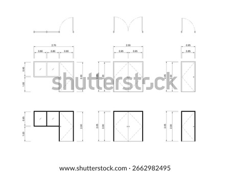 Architectural door and window elevation drawings with detailed dimensions, sections, and frame styles. Includes line weight variations for design presentation.