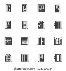 Architectural doors vector icons set, modern solid symbol collection, filled style pictogram pack. Signs, logo illustration. Set includes icons as entrance front doors for houses and buildings