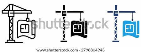 Architectural Draft and Engineering Crane Logo Set. Featuring House Plan, Technical Layout, and Construction Site Icons.