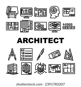 architectural drafter drawing icons set vector. house engineer, plan architecture construction architect building blueprint project architectural drafter drawing black contour illustrations