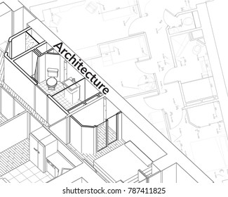 Architectural drawing background  Detailed plan 3d wireframe of building. sketch design.Vector technical  illustration