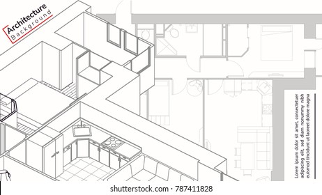 Architectural drawing background  Detailed plan 3d wireframe of building. sketch design.Vector technical  illustration