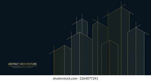 Dibujo arquitectónico con construcción de color dorado. Ilustración vectorial creativa de la arquitectura moderna