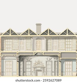 Architectural drawing of a classical building facade with intricate details, showcasing elegant windows and ornate decorations. Classical architecture in focus. Vintage art painting vector.