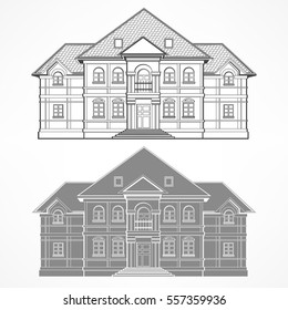 Architectural drawing facade of building, ?lan drawing of cottage, black on white vector illustration