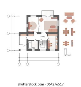 Architectural drawing floor plan/Vector flat projection.Set of furniture.Vector illustration