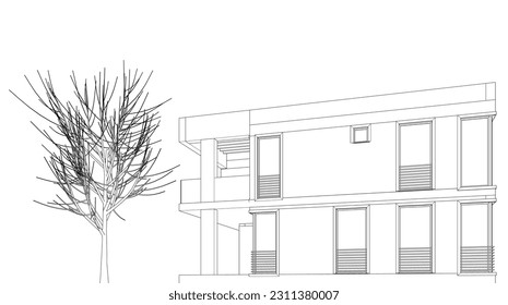 Architectural drawing of a house 3d illustration 