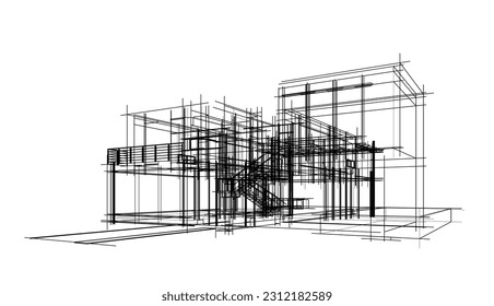 Architectural drawing of a house 3d  sketch