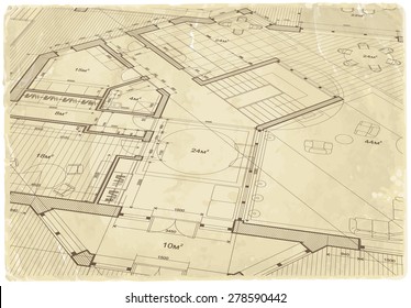 architectural drawing House Plan on the texture of the old sheet of paper / vector illustration / eps10