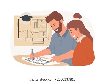 Architectural drawing isolated cartoon vector illustrations. Instructor teaching student girl with carpentry, blueprint reading, educational process, technical college vector cartoon.