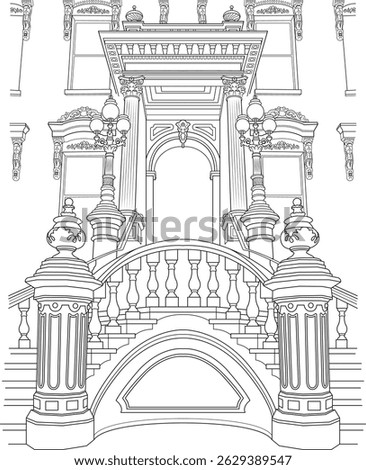 Architectural Drawing of Leland Stanford Mansion Entrance Detail, Detailed black and white line art drawing of a grand architectural entrance, likely from the Leland Stanford Mansion State Historic