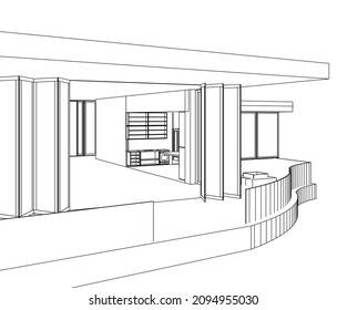 architektonische Zeichnung des modernen Gebäudes 3D-Illustration
