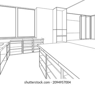 architectural drawing of modern building 3D illustration