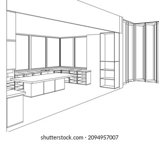architectural drawing of modern building 3D illustration