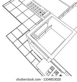  architectural drawing, modern house architecture 3d illustration