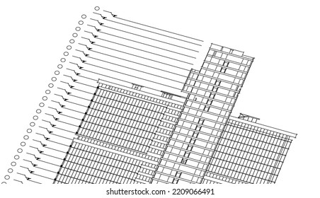 Architektonische Zeichnung auf weißem Hintergrund 3D-Illustration