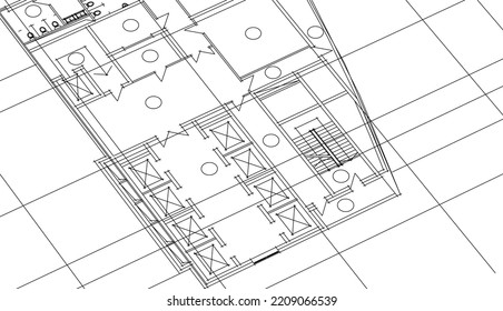 Dibujo arquitectónico sobre fondo blanco Ilustración 3d