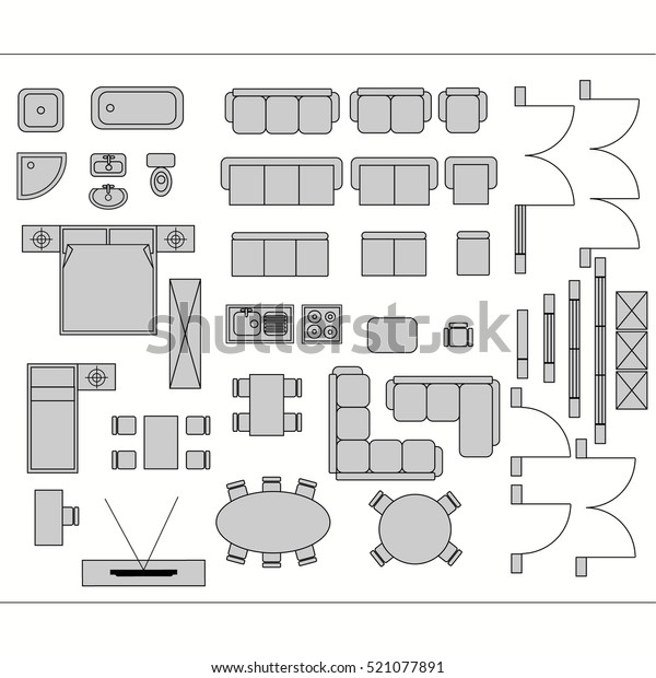 建築設計図と住宅改良図使用される記号 家具 建築プランアイコンセット グラフィックデザインエレメント のベクター画像素材 ロイヤリティフリー