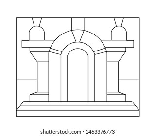 Architectural drawing of portal entrance with door of historical old building. Vector outline icon illustration. Stained glass window draw.