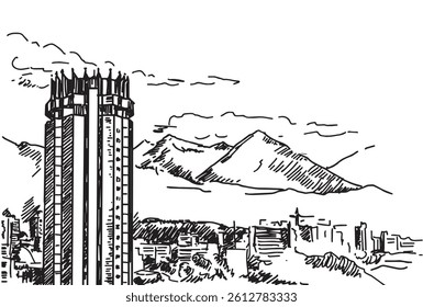 Architectural drawing sketch Almaty hotel Kazakhstan with mountain landscape on background. Vector illustration