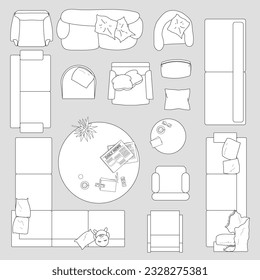 Architectural Drawing sofa, couch, living room illustration, top view, Minimal style hand drawn. Sections, Elevations, Floor Plans.