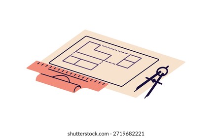 Dibujo arquitectónico con papelería. Ingeniero de calado con brújula y Regla. Boceto, Plan sobre papel y suministros. Diseño de edificios o detalles. Ilustración vectorial aislada plana sobre fondo blanco