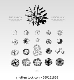 Architectural drawing. Trees line symbols in top view. Landscape design graphic elements collection.