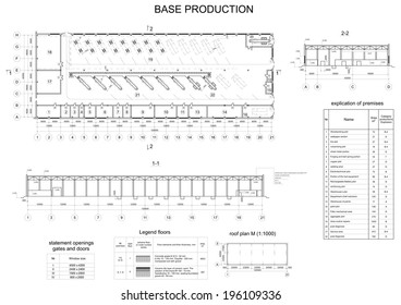 Architectural drawing of vehicle fleet. Industrial building. Vector format