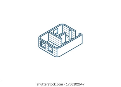 Dibujos arquitectónicos. icono isométrico del plan de apartamento. Ilustración vectorial 3d. Dibujo técnico de líneas aisladas. Trazo editable