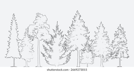 Dibujos arquitectónicos, un dibujo de línea de árbol CAD en un estilo minimalista, vista lateral, conjunto de sección de contorno de bosque de humedales para dibujo de diseño de paisaje