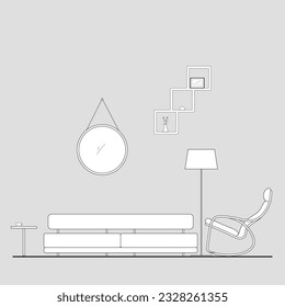 Architectural Drawings, elevation vector interior, living room illustration, side view, sofa, rug, tv, Minimal style hand drawn. Sections, Elevations, Floor Plans.