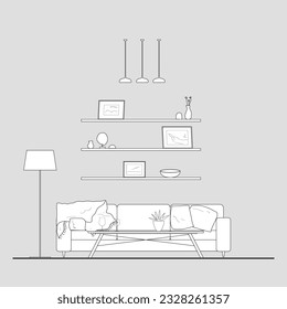 Architectural Drawings, elevation vector interior, living room illustration, side view, sofa, rug, tv, Minimal style hand drawn. Sections, Elevations, Floor Plans.