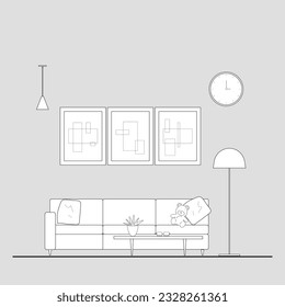 Architectural Drawings, elevation vector interior, living room illustration, side view, sofa, rug, tv, Minimal style hand drawn. Sections, Elevations, Floor Plans.