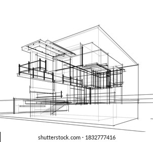 Architectural Drawings Linear 3d Illustration Stock Vector (Royalty ...