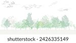 Architectural Drawings, Minimal style cad tree line drawing, Side view, set of graphics trees elements outline symbol for landscape design drawing. Vector illustration in stroke fill in white.